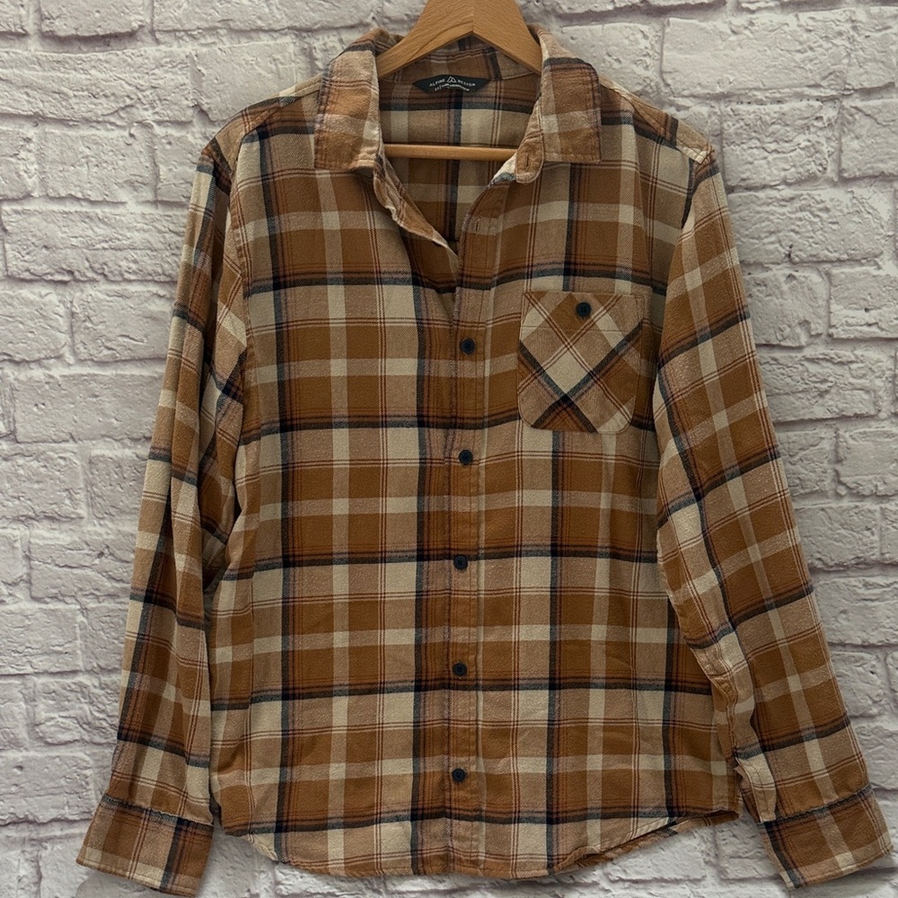 Men's Plaid Flannel Shirt Brown tan blue